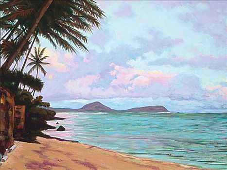 棕榈树,夏威夷,瓦胡岛,头部,安静,海滩,丙烯酸树脂,绘画