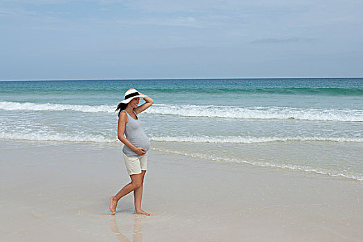怀孕,中年,女人,戴着,太阳帽,漫步,海滩,佛得角,非洲