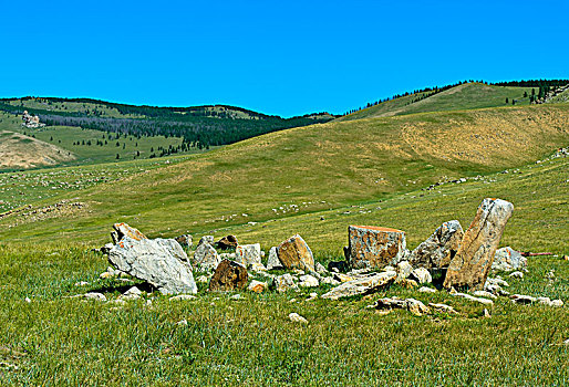 古老,埋葬,场所,杜鹿,石头,迟,青铜时代,国家公园,蒙古,亚洲