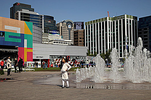 年轻,女孩,喷泉,首尔,广场,市区,韩国,亚洲