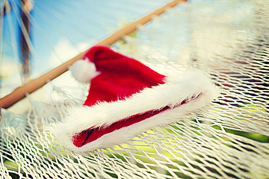 度假,圣诞节,假日,概念,照相,吊床,圣诞老人,帽子
