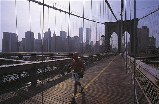 慢跑者,重量,布鲁克林大桥,晨光,纽约,美国,北美