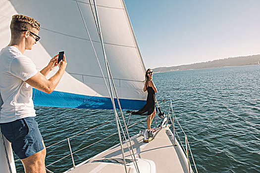 情侣,照相,帆船,圣地亚哥湾,加利福尼亚,美国
