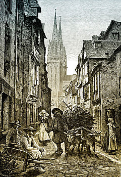 历史,街景,坎佩尔,19世纪,布列塔尼,法国,欧洲