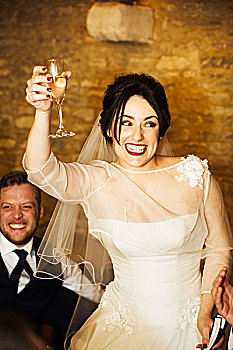 新娘,结婚日,抬起,玻璃杯,干杯,婚宴