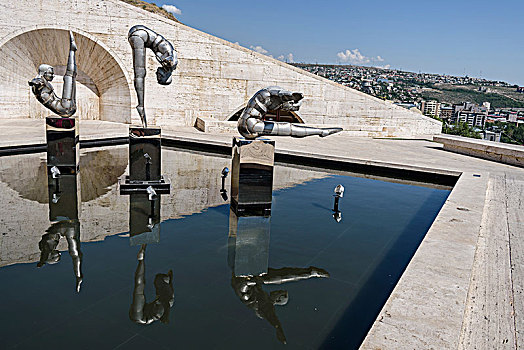 喷泉,游泳池,金属,雕塑,游泳,最佳位置,俯视,城市