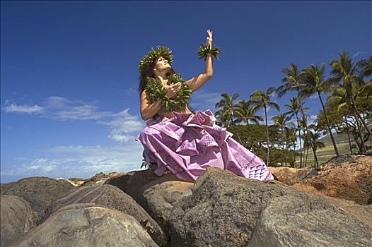 草裙舞,花环,传统服饰,岩石海岸,棕榈树,背景