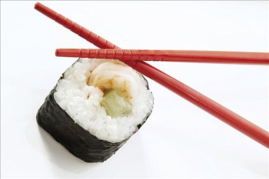 红色,筷子,休息,寿司,腌食小黄瓜,虾,米饭,紫菜干,海草