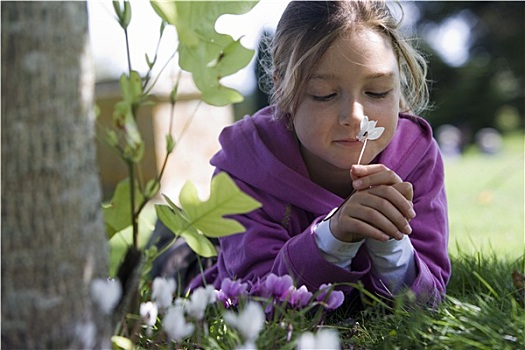 女孩,7-9岁,穿,紫色,帽衫,躺着,草,花园,嗅,花,闭眼,特写,贴地拍摄,聚焦