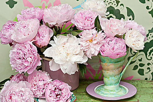 粉色,白色,牡丹,复古,花瓶,正面,墙壁,涂绘,刻花,设计