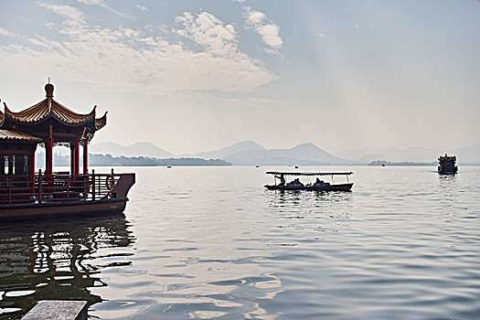 剪影,渔船,湖岸,餐馆,杭州,中国
