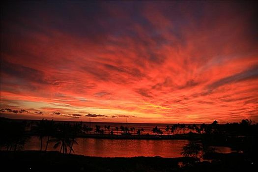 夏威夷,湾,生动,活力,红色,日落,天空
