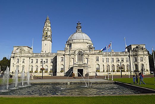 威尔士,加的夫,市政厅,华美,爱德华时代,建筑,英国人,文艺复兴,风格