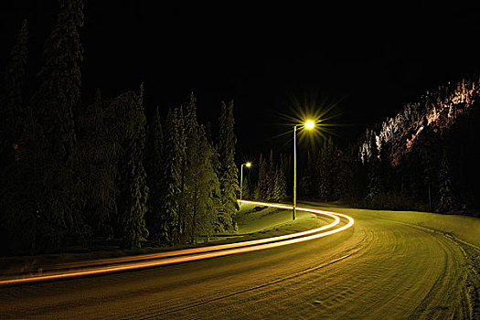 积雪,道路,夜晚,库萨莫,北方,芬兰