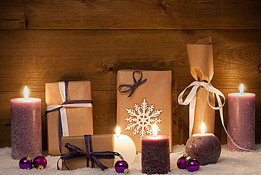 复古,紫色,圣诞礼物,蜡烛,球,雪