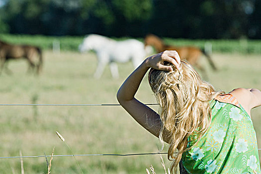 美女,手捋头发,看,马,乡村,地点,后视图