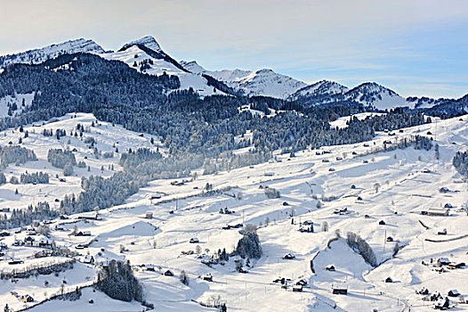 风景,山,草地,积雪,山谷,吐根堡,区域,靠近,瑞士,欧洲