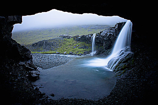 瀑布,上方,石头,石台,室内,洞穴,冰岛