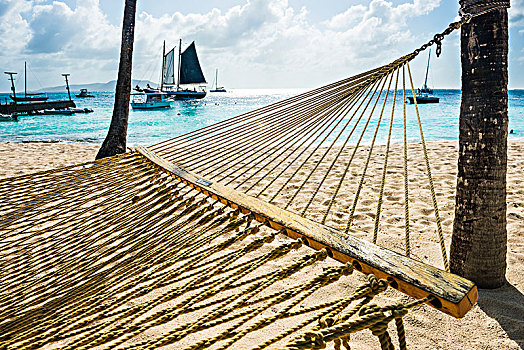 吊床,两个,棕榈树,沙滩,棕榈岛,格林纳丁斯群岛,加勒比