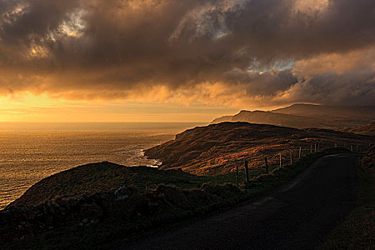 日落,上方,大西洋,海岸线,多纳格,爱尔兰