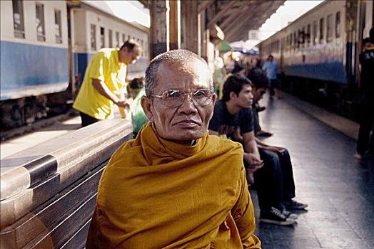 泰国,曼谷,长途,火车站,僧侣,站台