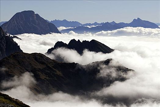 海洋,雾,俯视,因河,山谷,茵谷,埃尔瓦尔德,奥地利,欧洲