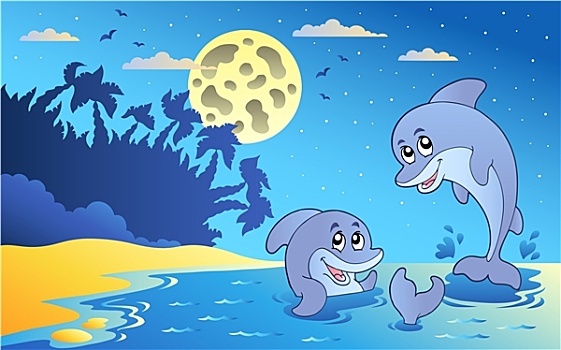 夜晚,海景,两个,海豚