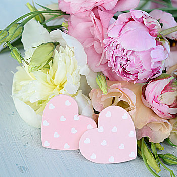 两个,粉色,装饰,心形,正面,花束,牡丹