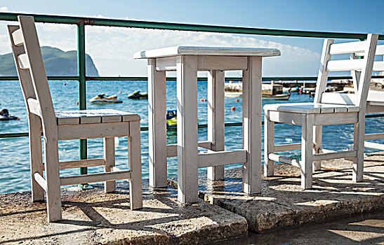 白色,木椅,桌子,站立,亚德里亚海,海岸,黑山