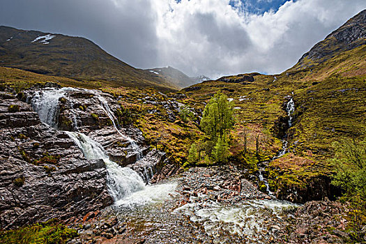瀑布,苏格兰高地,阴天,苏格兰,英国