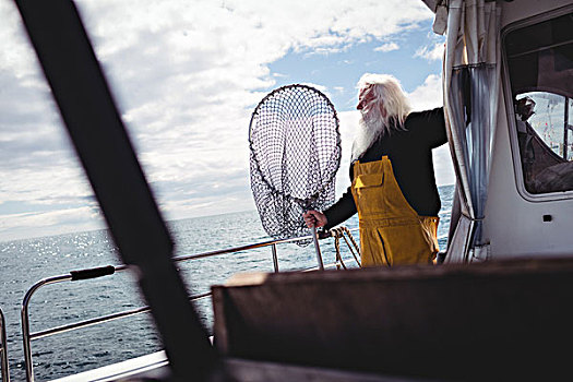渔民,拿着,渔网,观景,船