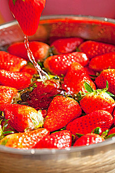 一个鲜红色草莓悬在半空中的特写正在滴水