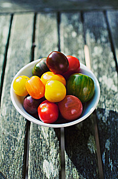 不同,色彩,西红柿,碗,户外