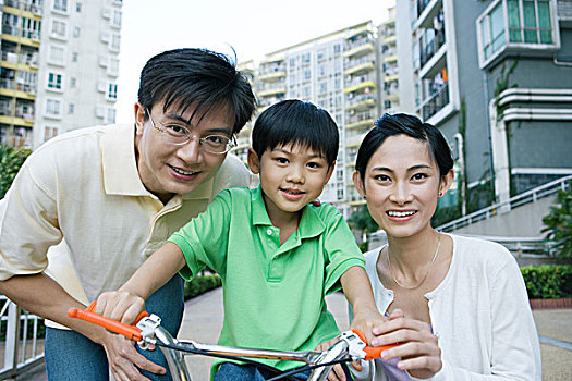 骑自行车,男孩,父母,头像