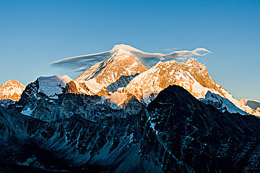 山,珠穆朗玛峰,白云,上面,风景,日落,单独,昆布,尼泊尔,亚洲