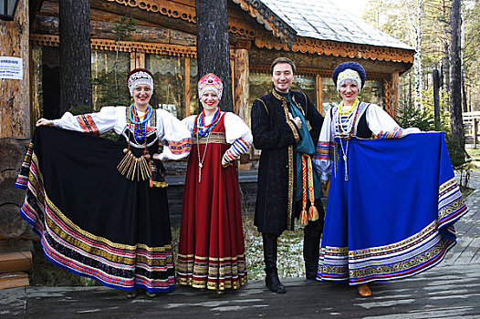 俄罗斯,西伯利亚,靠近,伊尔库茨克,俄罗斯人,民俗,群体,传统服装