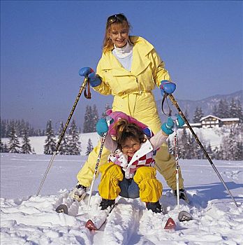 女人,孩子,滑雪,滑雪者,雪,冬季运动,欧洲,假日