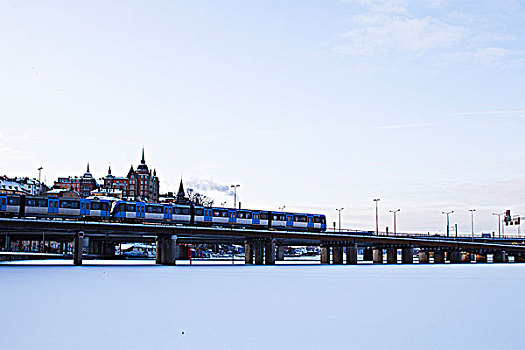 地铁,通过,桥,上方,冰冻,湖