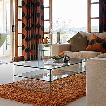 沙发,透明,茶几,赤陶,地毯,现代,起居室