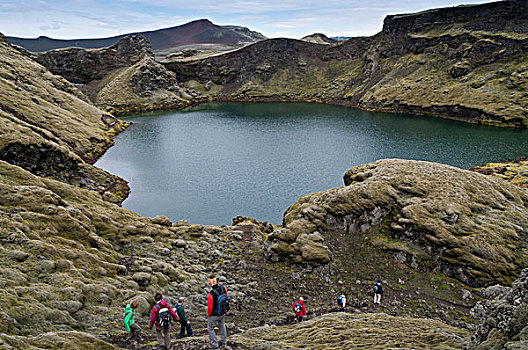 湖,火山口,排,远足者,旅游,冰岛,欧洲