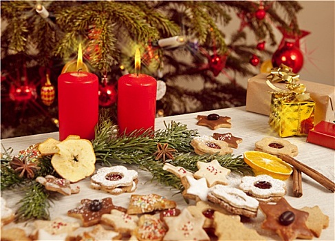 许多,彩色,饼干,蜡烛,正面,圣诞树