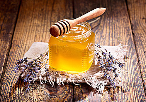 罐,薰衣草,蜂蜜,木桌子