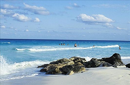 墨西哥,尤卡坦半岛,坎昆,岩石,串,漂亮,白沙滩,游客,背景