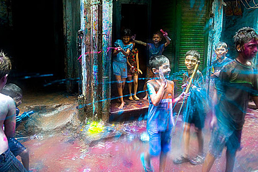 孩子,庆贺,彩色,节日,老,达卡,拿,迟,二月,孟加拉,2008年