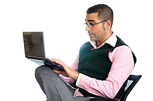 成功,商务人士,眼镜,戴着,背心,粉色,衬衫,看,小,电脑