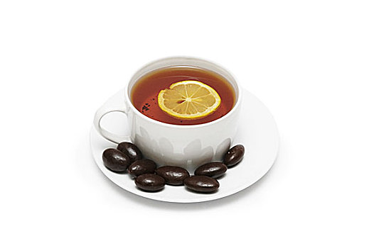 茶杯,柠檬,巧克力,隔绝,白色背景