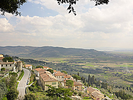 山坡,风景视图,谷,与山,城镇,和战场,意大利语,农村的,附近相似的,托斯卡纳,意大利