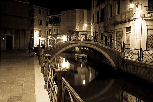 风景,小,运河,威尼斯,夜晚
