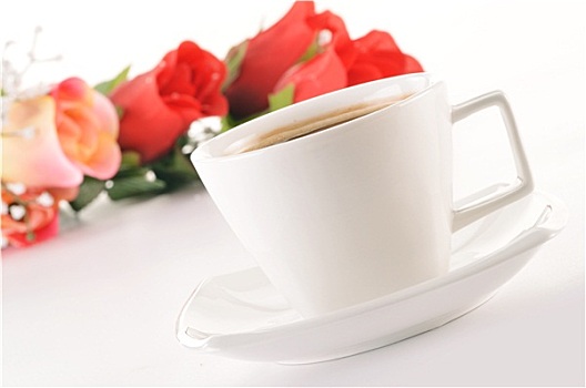 构图,白色,咖啡杯,花束,玫瑰