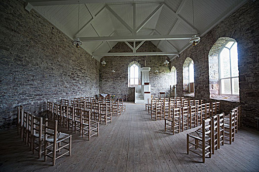 室内,石头,教堂,排,椅子,半岛,高地,苏格兰,英国